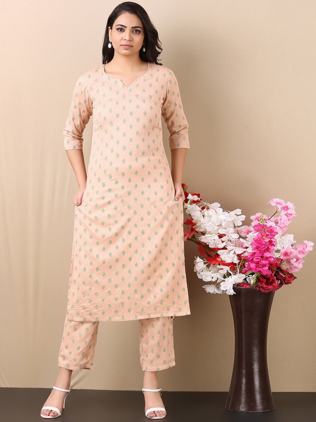 

V TRADITION Ethnic Motifs Printed Regular Kurta With Trousers, Beige