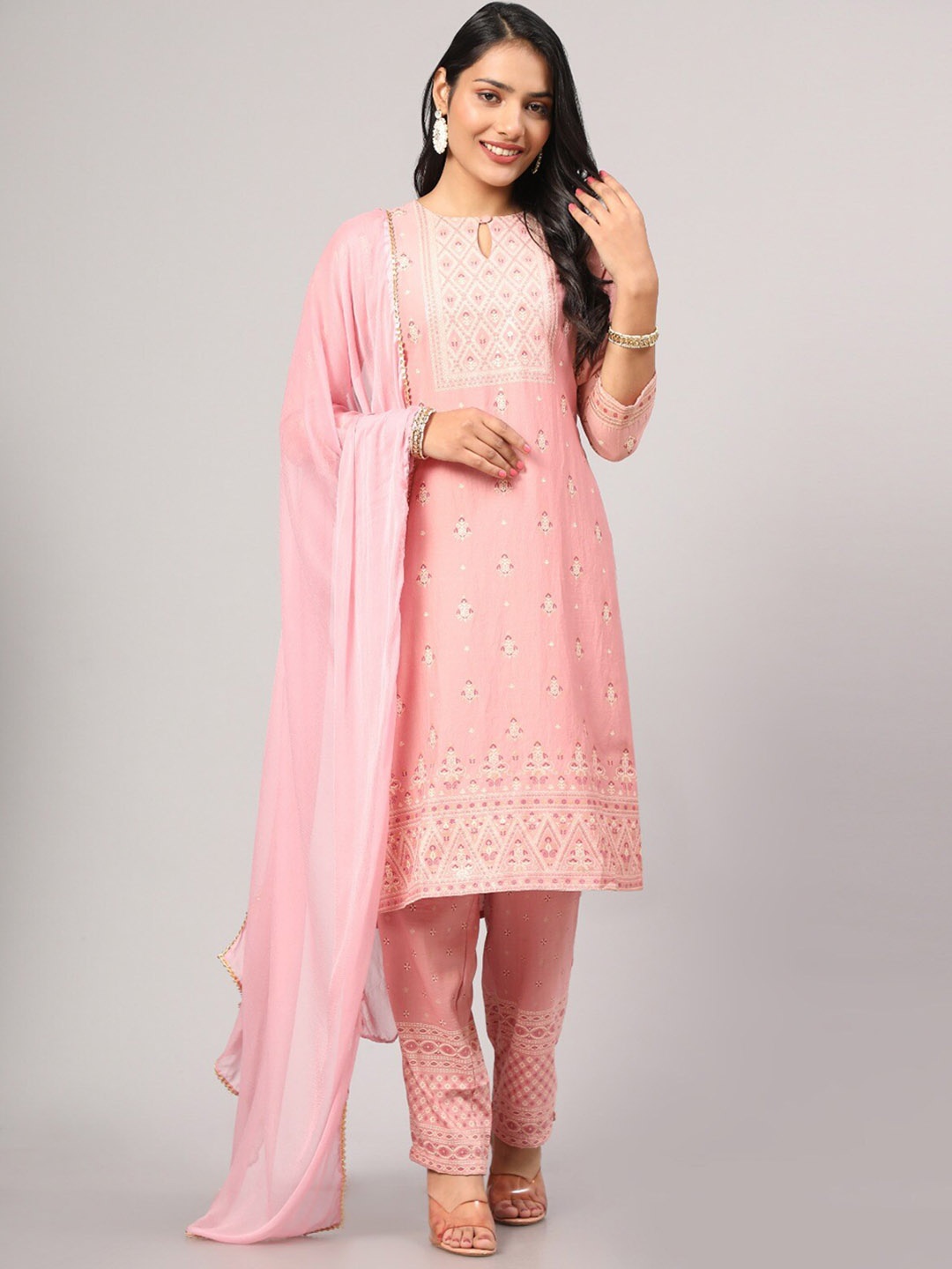 V TRADITION Ethnic Motifs Printed Regular Kurta With Trousers & Dupatta, Pink