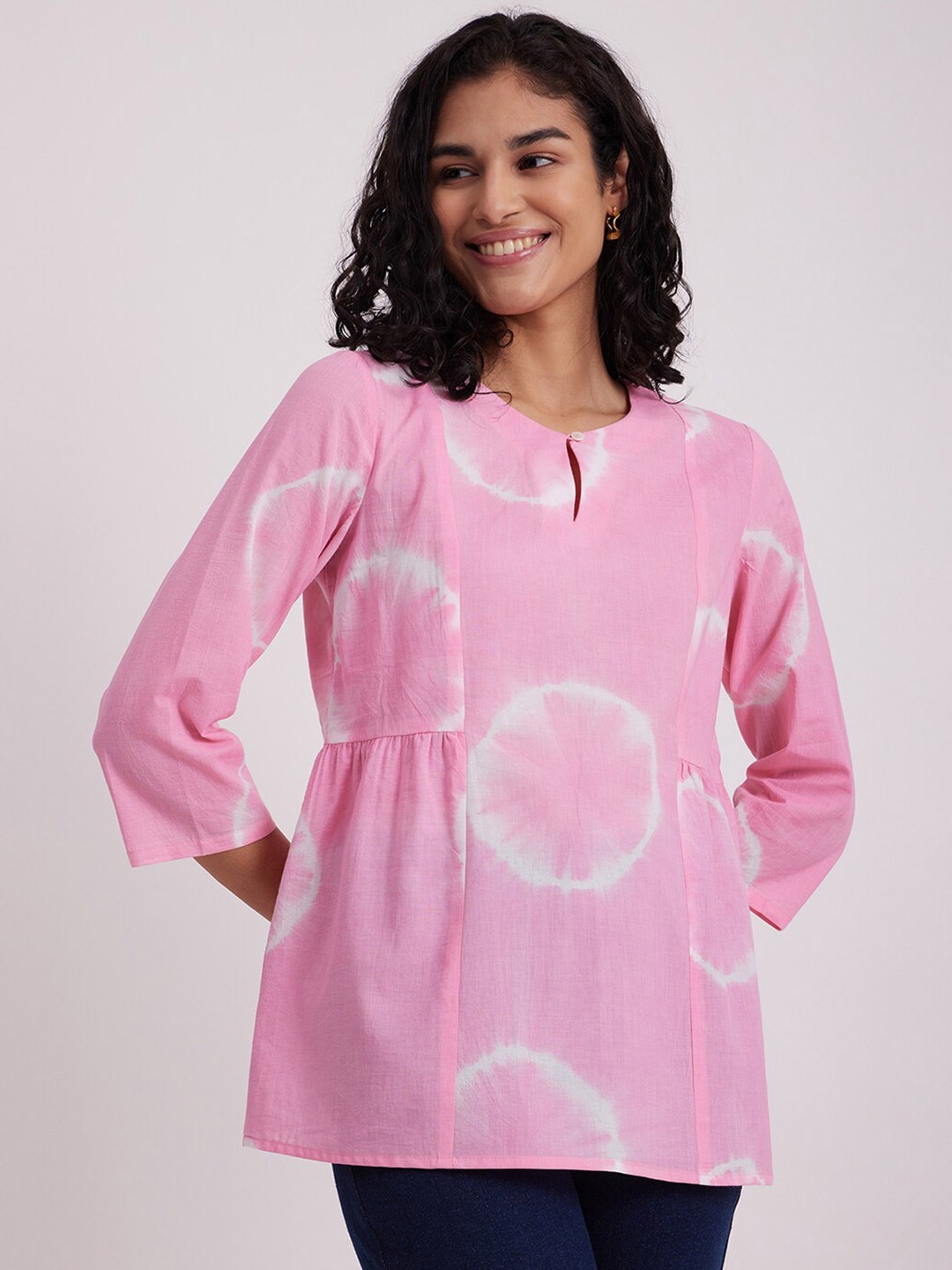 

Pink Fort Tie & Dye Keyhole Neck Peplum Pure Cotton Top