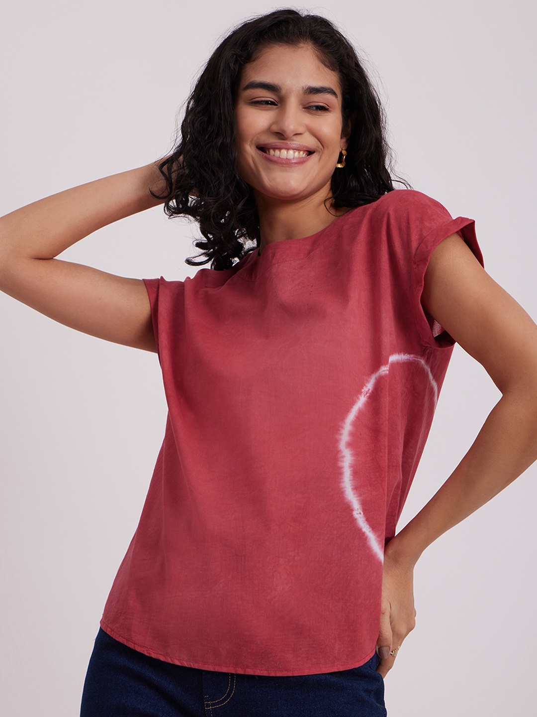 

Pink Fort Tie & Dye Extended Sleeves Pure Cotton Top, Red