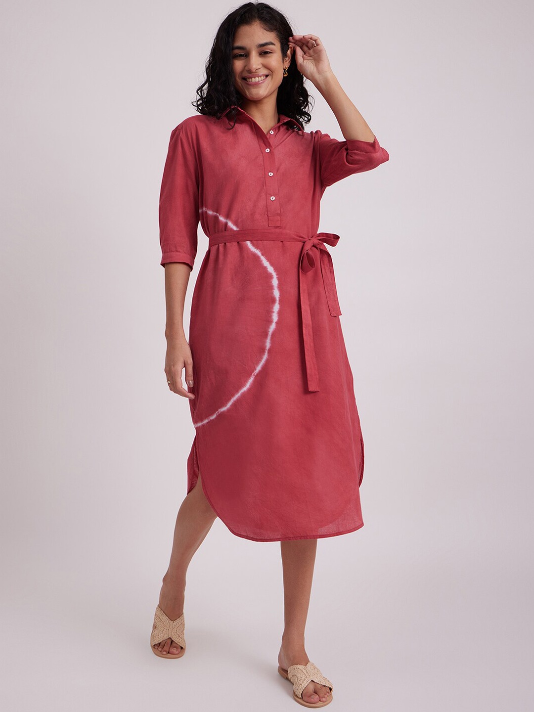 

Pink Fort Tie & Dyed Cotton Belted Shirt Dress, Red