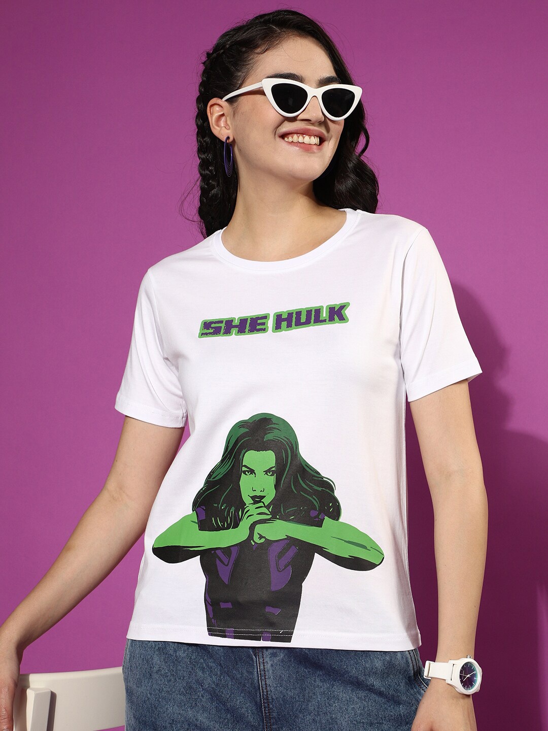 

JUNEBERRY Marvel She Hulk Printed Cotton T-shirt, White