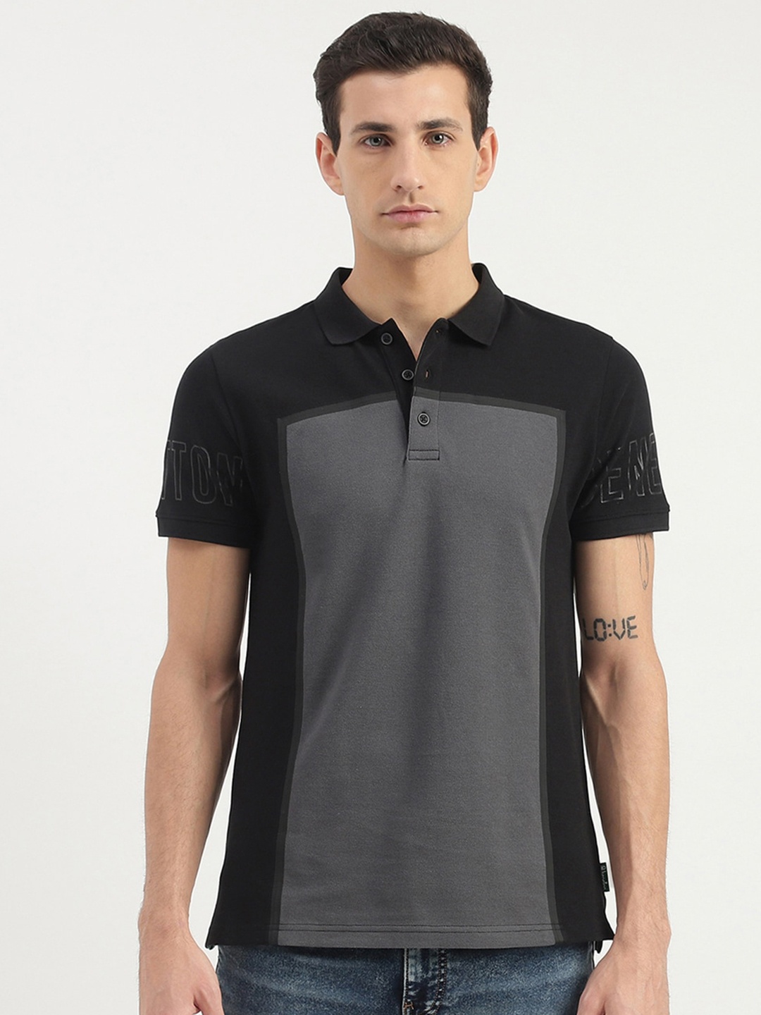

United Colors of Benetton Colourblocked Polo Collar Cotton T-shirt, Black