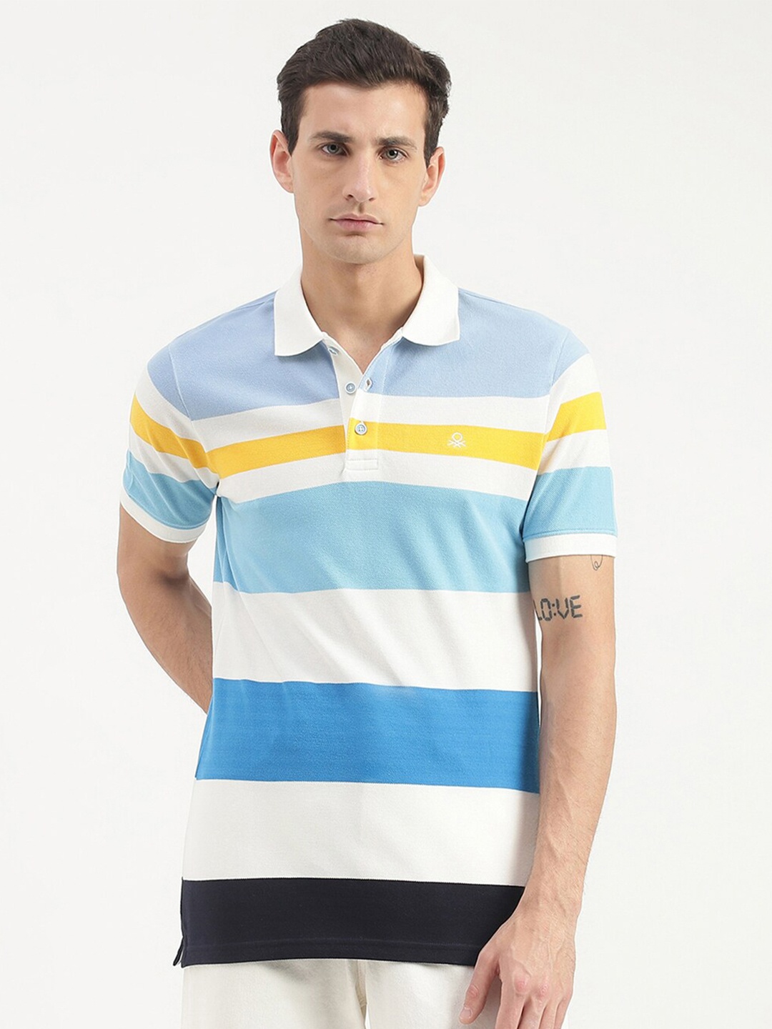 

United Colors of Benetton Striped Polo Collar Cotton T-shirt, Blue