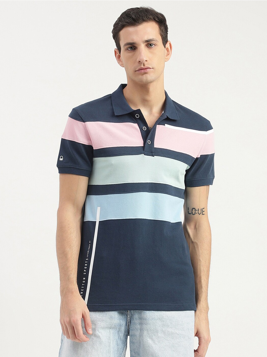 

United Colors of Benetton Striped Polo Collar Cotton T-shirt, Navy blue