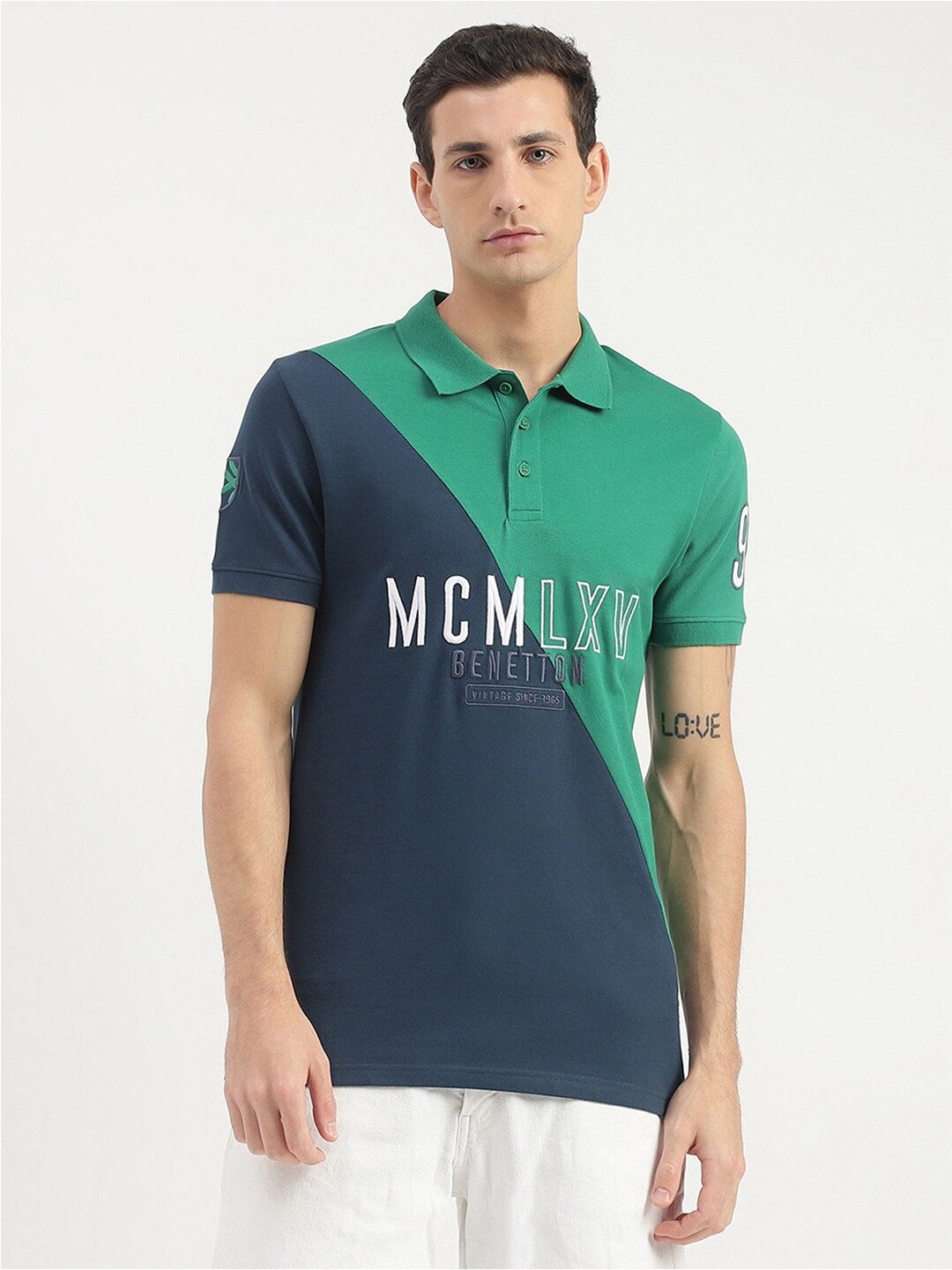 

United Colors of Benetton Colourblocked Polo Collar T-shirt, Navy blue