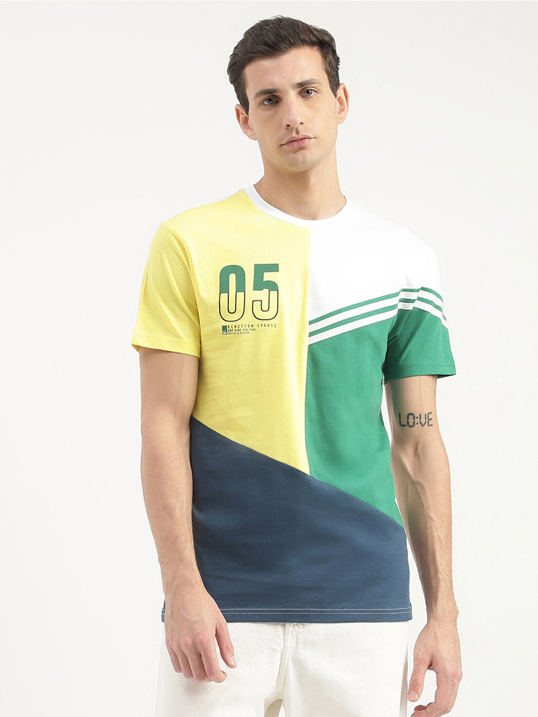 

United Colors of Benetton Colourblocked Round Neck Cotton Casual T-Shirt, Yellow