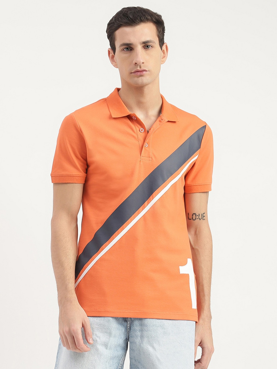 

United Colors of Benetton Diagonal Striped Polo Collar Cotton T-shirt, Orange