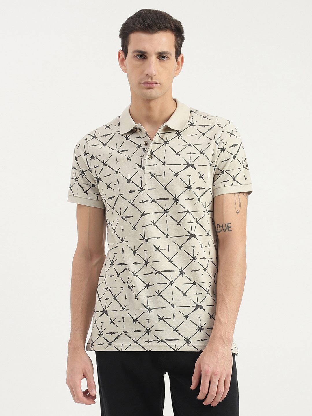 United Colors of Benetton Abstract Printed Polo Collar Cotton T-Shirt, Beige