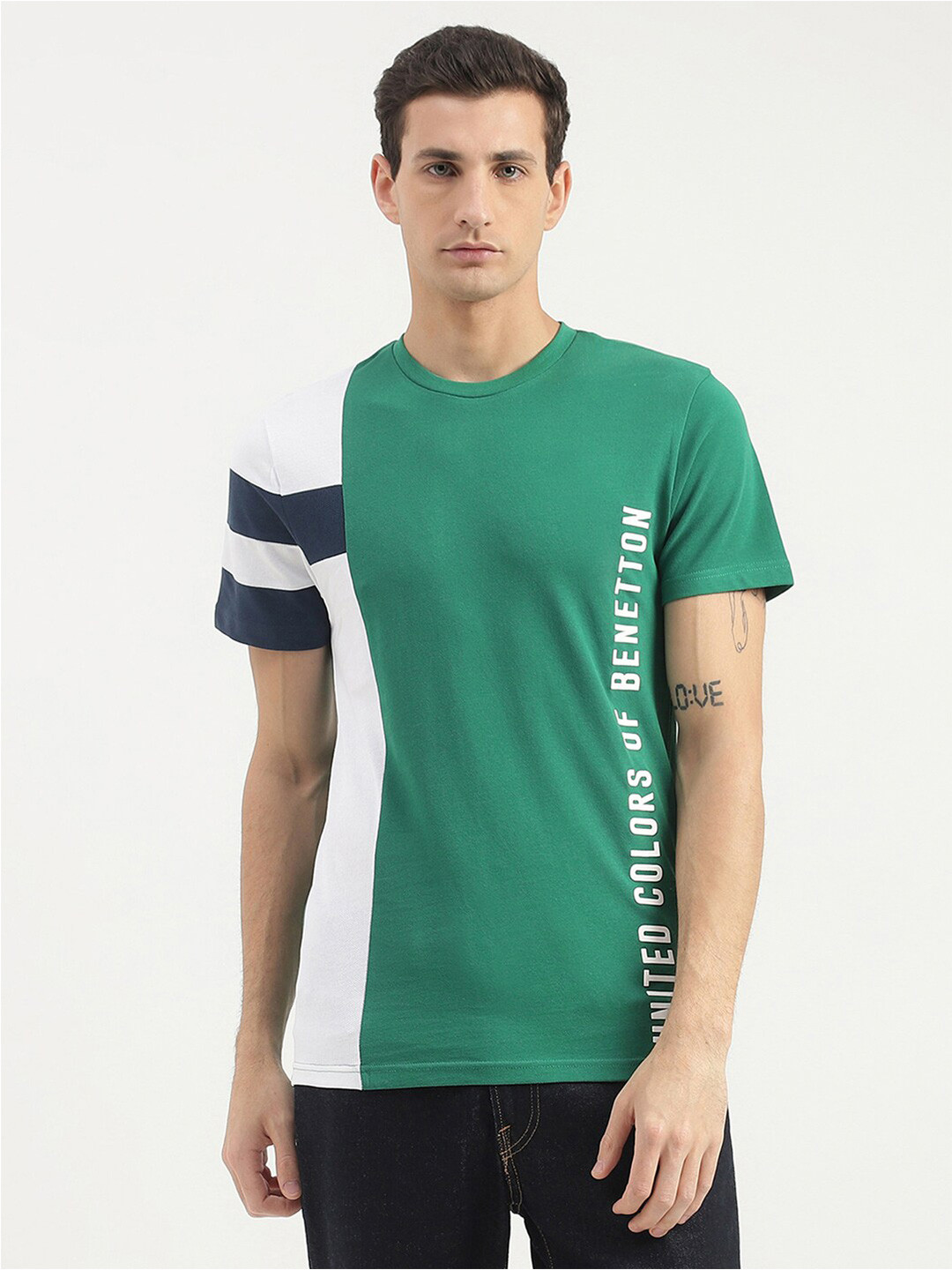 

United Colors of Benetton Colourblocked Cotton T-Shirt, Green