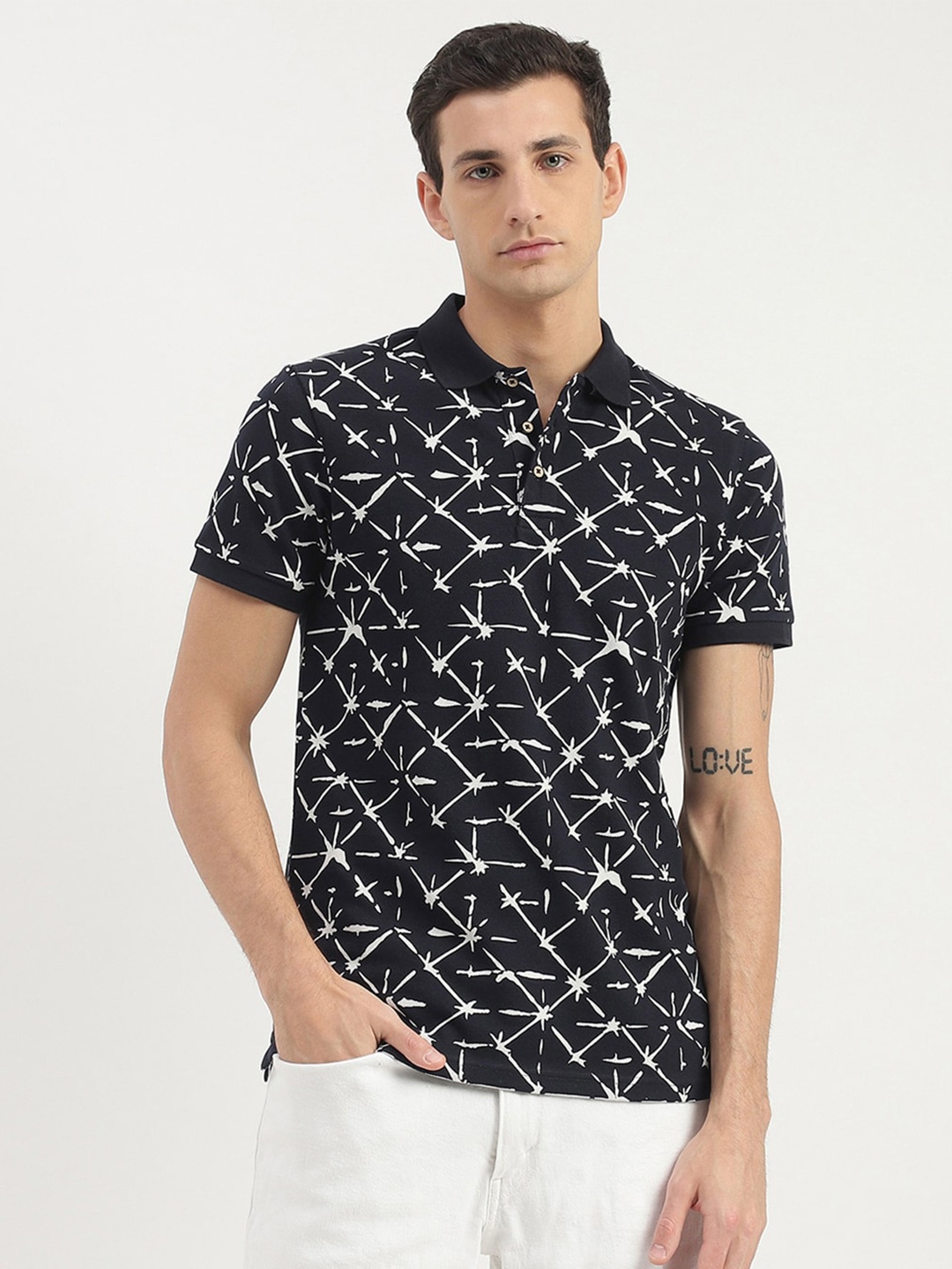 

United Colors of Benetton Abstract Printed Polo Collar Cotton T-Shirt, Black