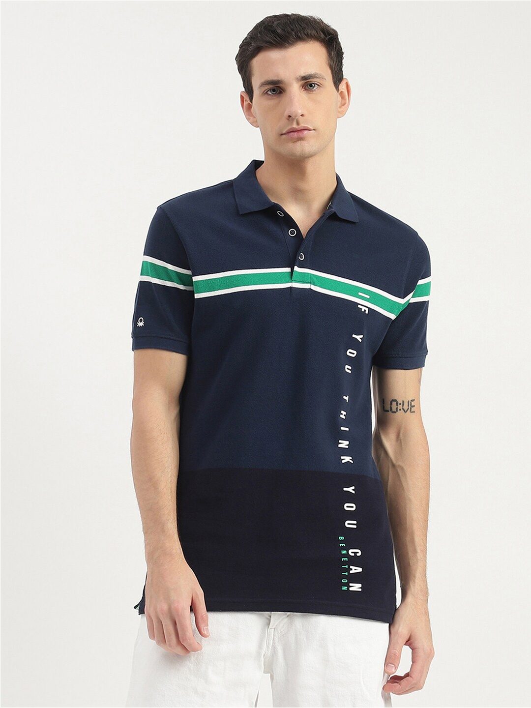 

United Colors of Benetton Striped Polo Collar Cotton T-Shirt, Navy blue