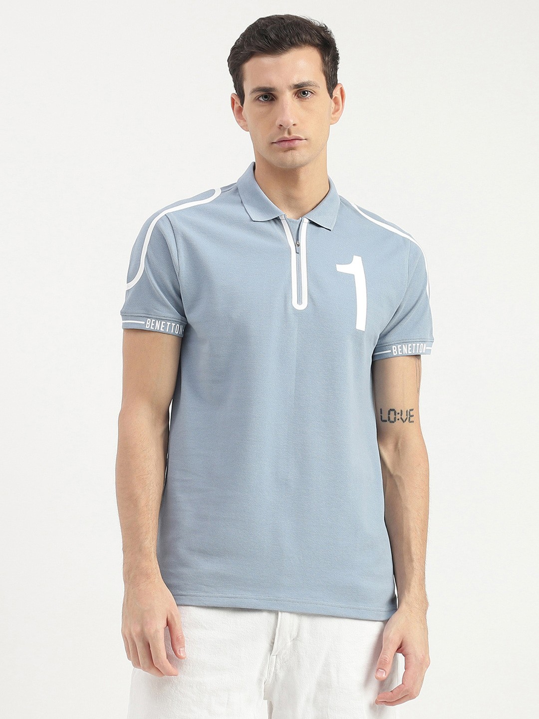 

United Colors of Benetton Typography Printed Polo Collar Cotton T-Shirt, Blue