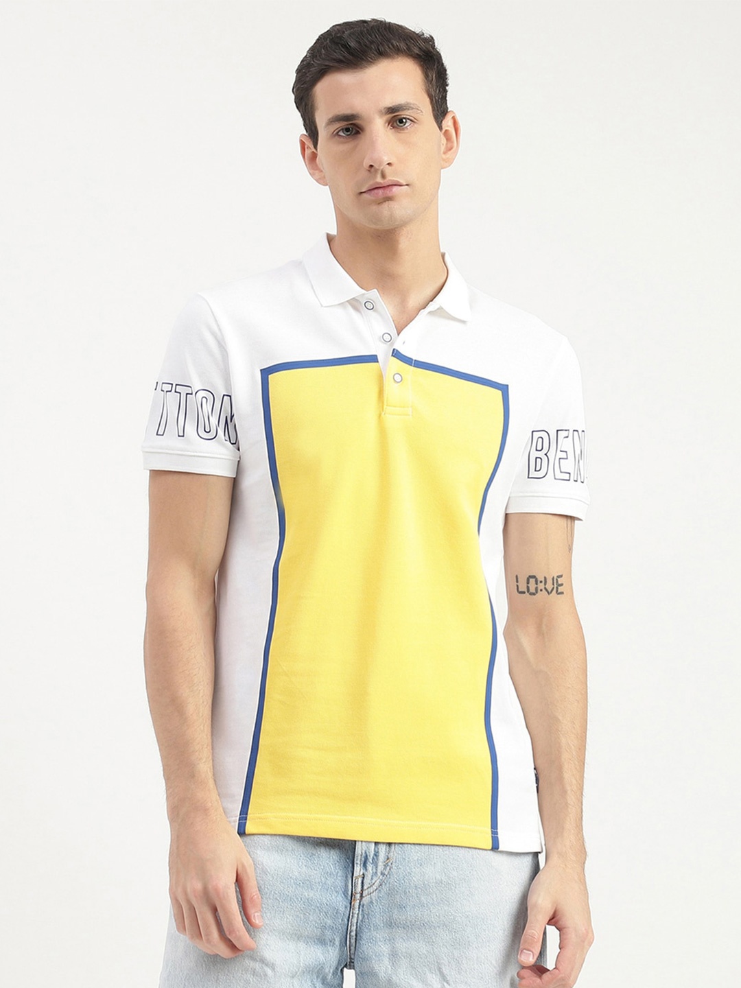 United Colors of Benetton Colourblocked Polo Collar Cotton T-shirt, White