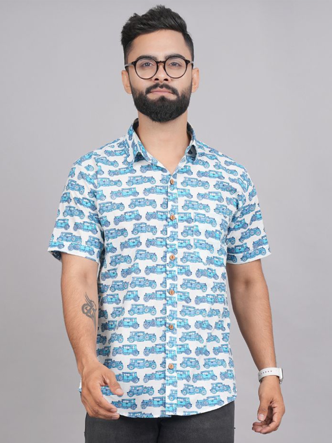 

LIVING ROOTS Comfort Conversational Printed Casual Pure Cotton Shirt, Blue