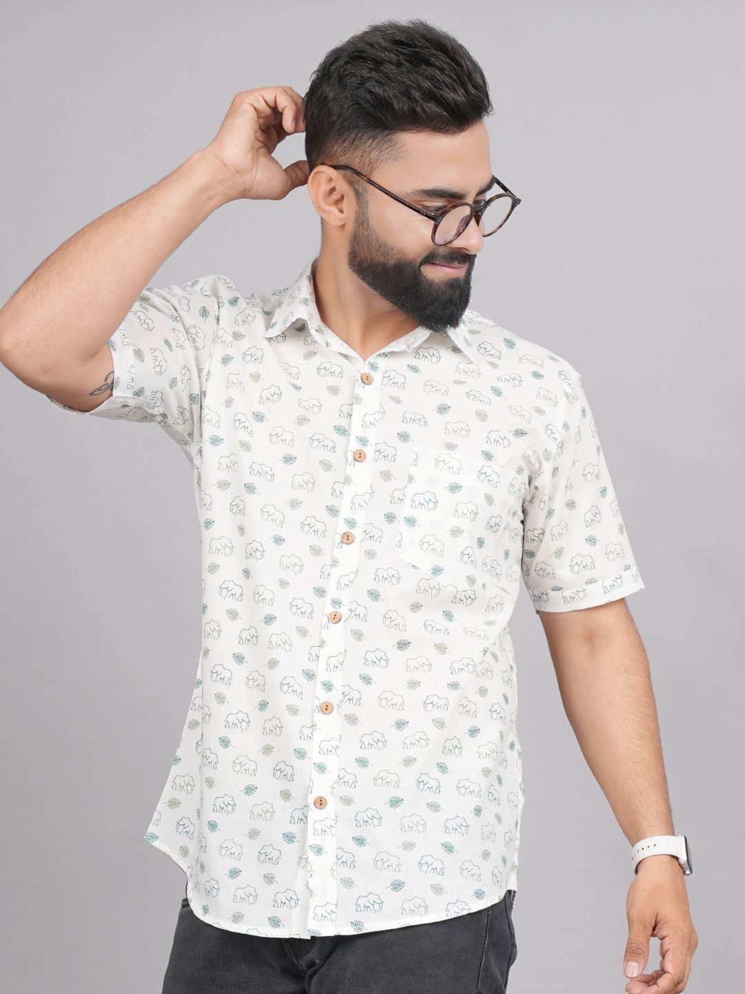 

LIVING ROOTS Comfort Animal Printed Casual Pure Cotton Shirt, White