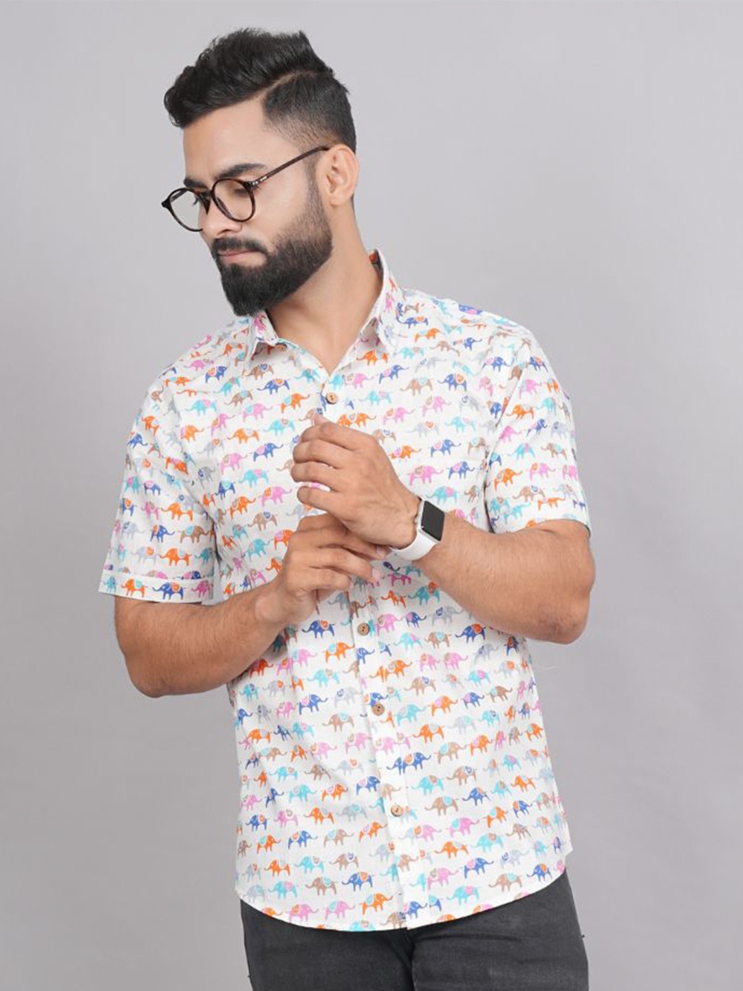 

LIVING ROOTS Comfort Animal Printed Casual Pure Cotton Shirt, White
