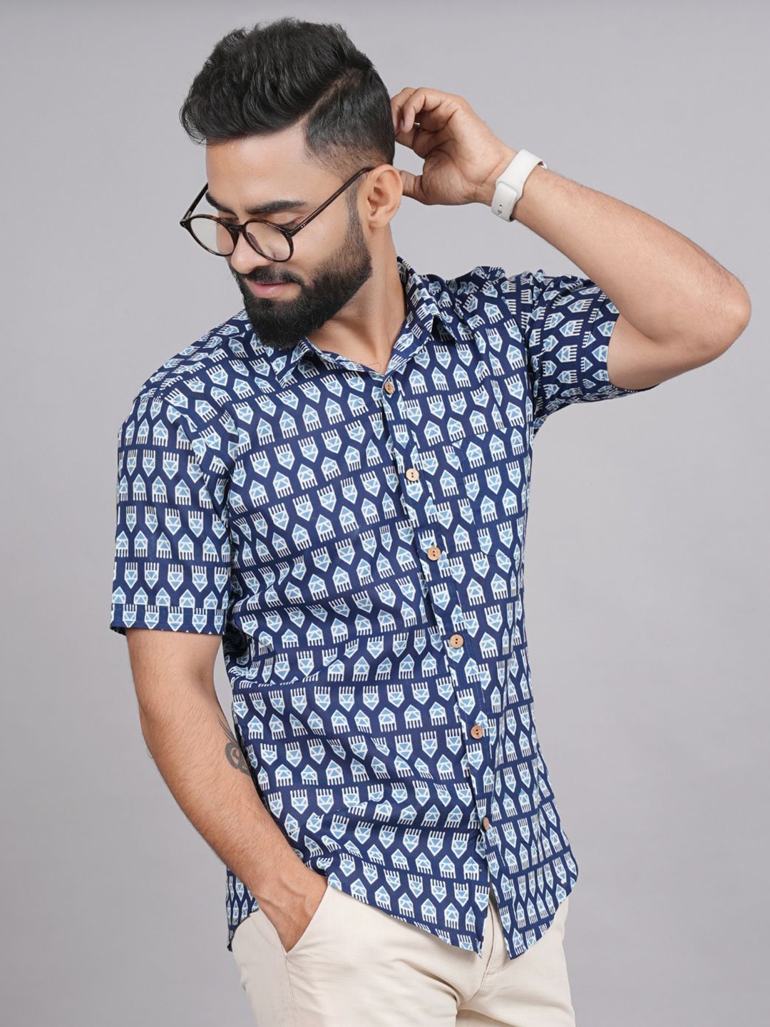 

LIVING ROOTS Comfort Ethnic Motif Printed Casual Pure Cotton Shirt, Blue