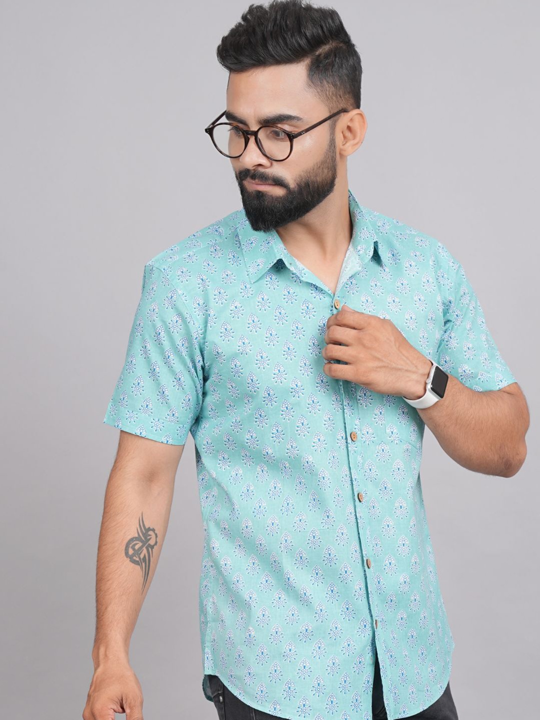 

LIVING ROOTS Comfort Ethnic Motif Printed Casual Pure Cotton Shirt, Blue