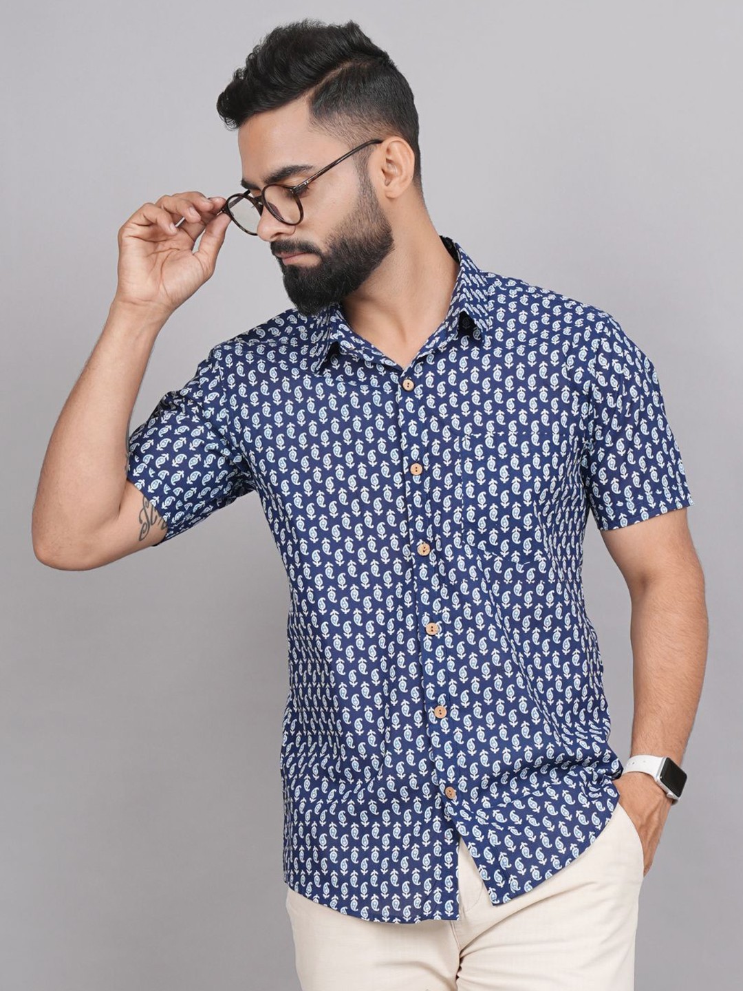 

LIVING ROOTS Comfort Ethnic Motif Printed Casual Pure Cotton Shirt, Blue