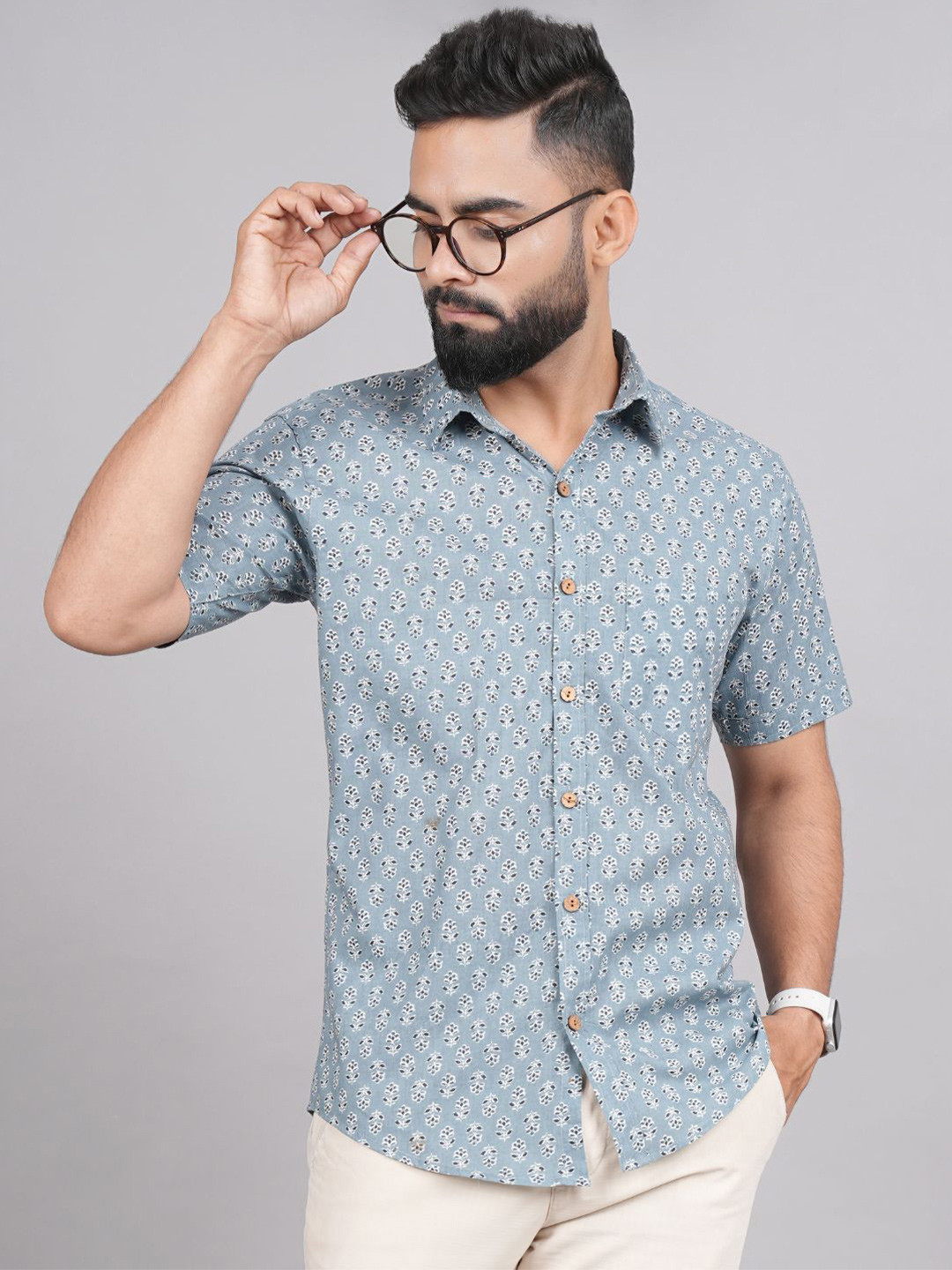 

LIVING ROOTS Comfort Floral Printed Casual Pure Cotton Shirt, Grey