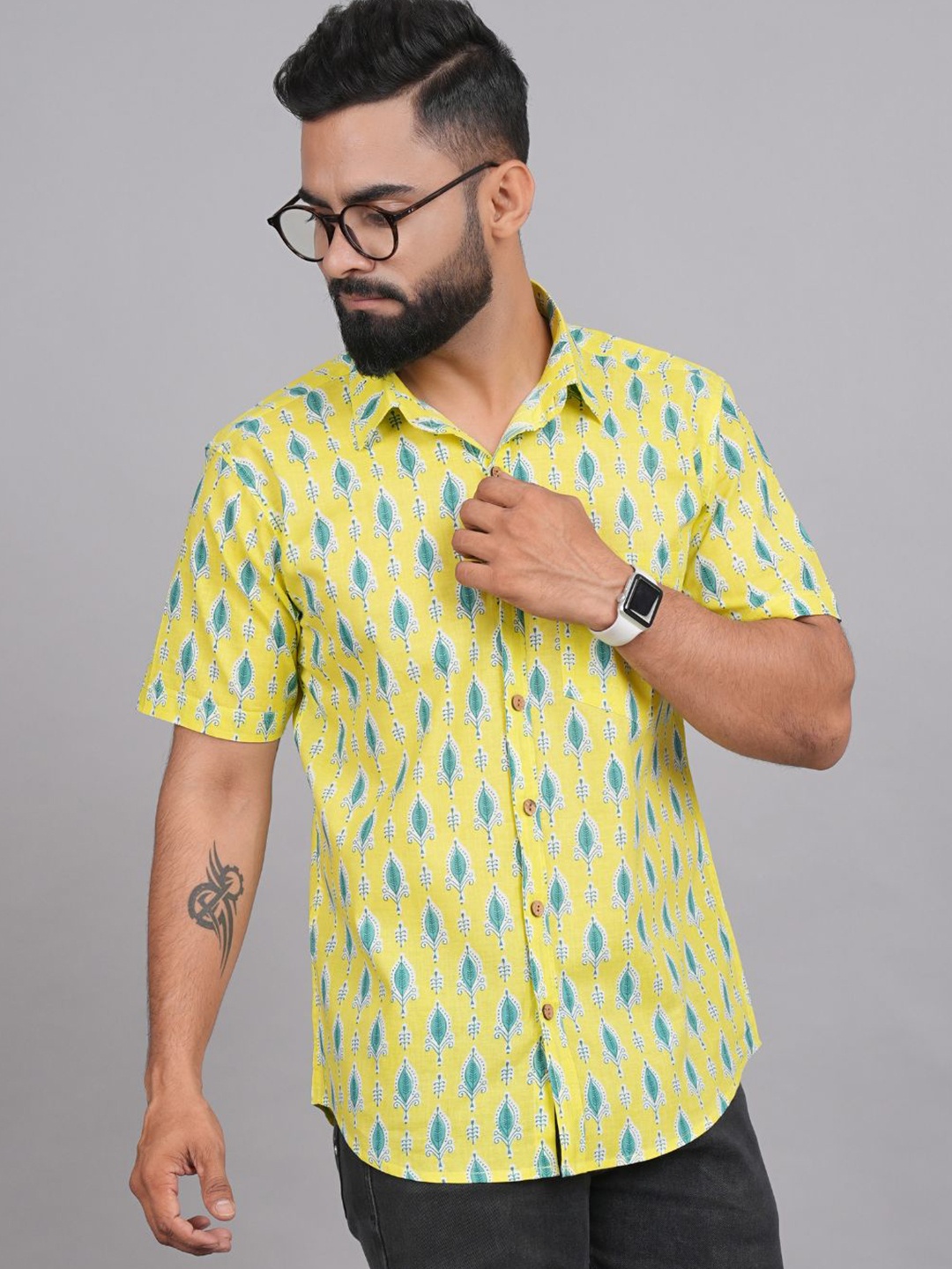 

LIVING ROOTS Comfort Ethnic Motif Printed Casual Pure Cotton Shirt, Yellow