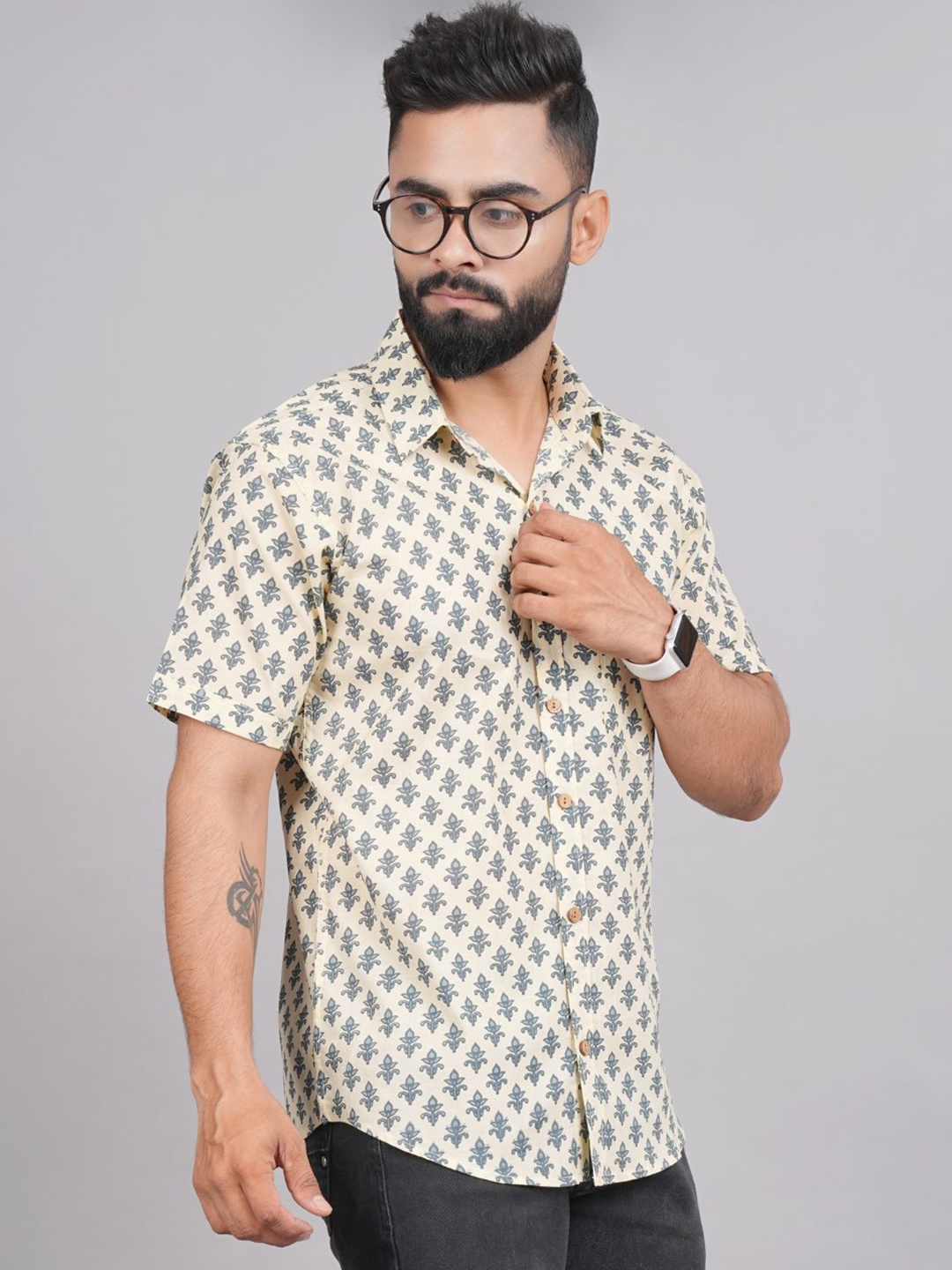 

LIVING ROOTS Comfort Printed Casual Pure Cotton Shirt, Beige