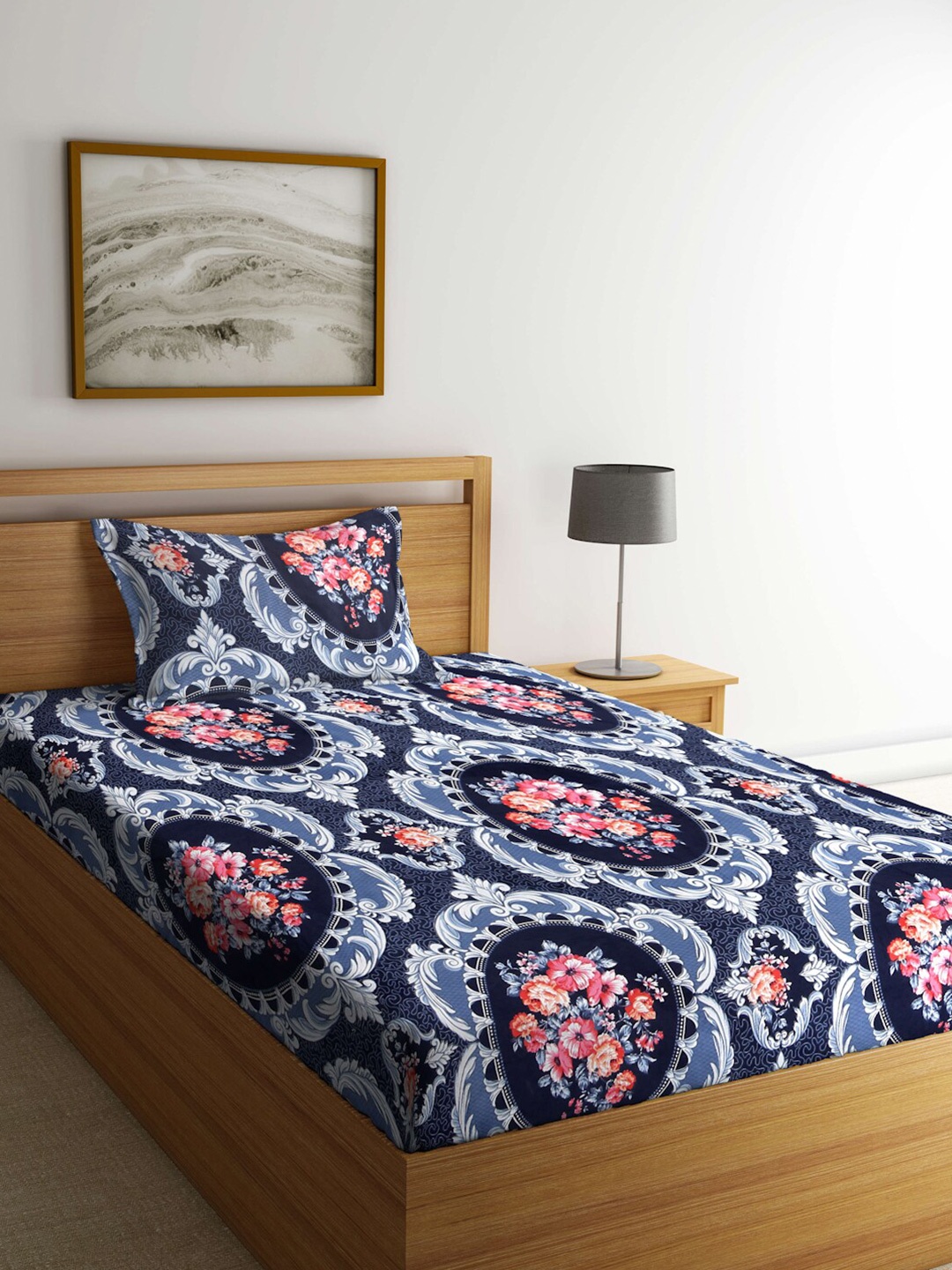 

FABINALIV Blue & White Floral 300 TC Single Bedsheet With 1 Pillow Cover