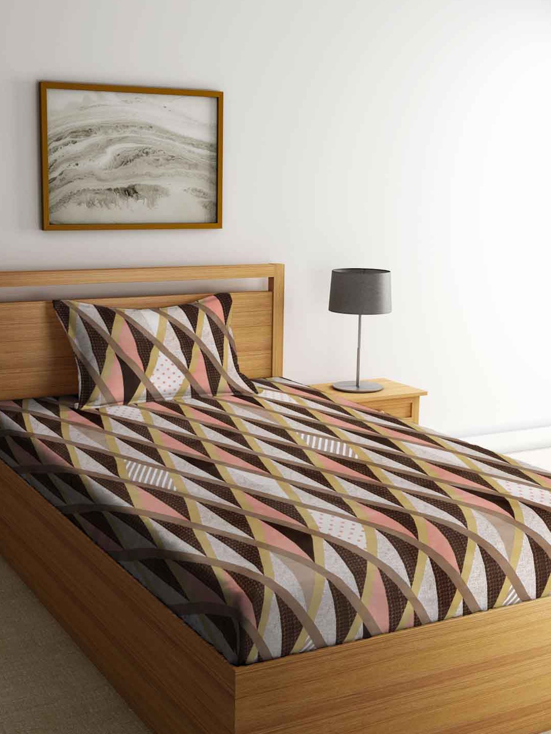 

FABINALIV Multicolor Geometric 300 TC Cotton Blend Single Bedsheet with Pillow Cover, Brown