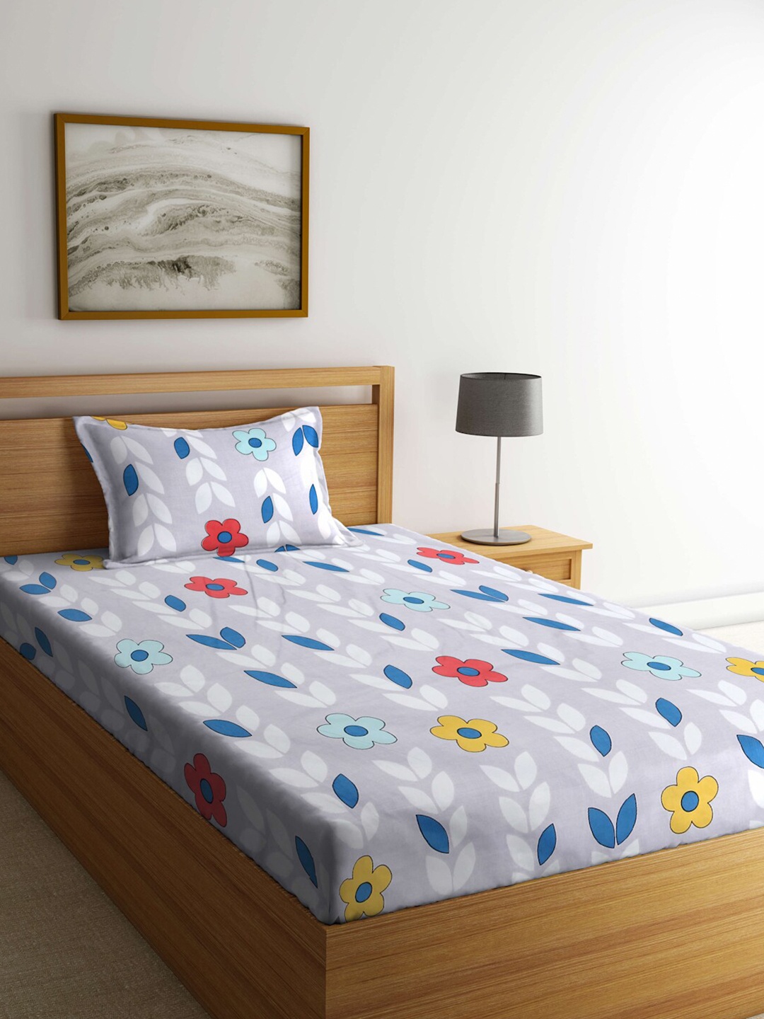 

FABINALIV Grey & White Floral 300 TC Single Bedsheet With 1 Pillow Cover