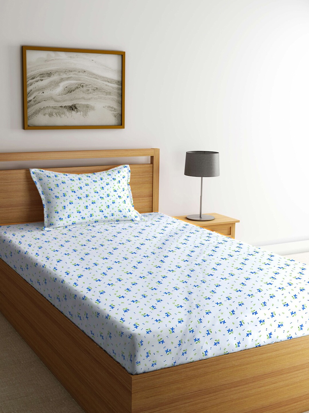 

FABINALIV White & Blue Floral 300 TC Single Bedsheet With 1 Pillow Cover