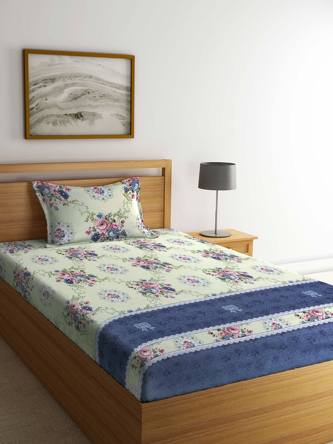 

FABINALIV Green & White Floral 300 TC Single Bedsheet With 1 Pillow Cover