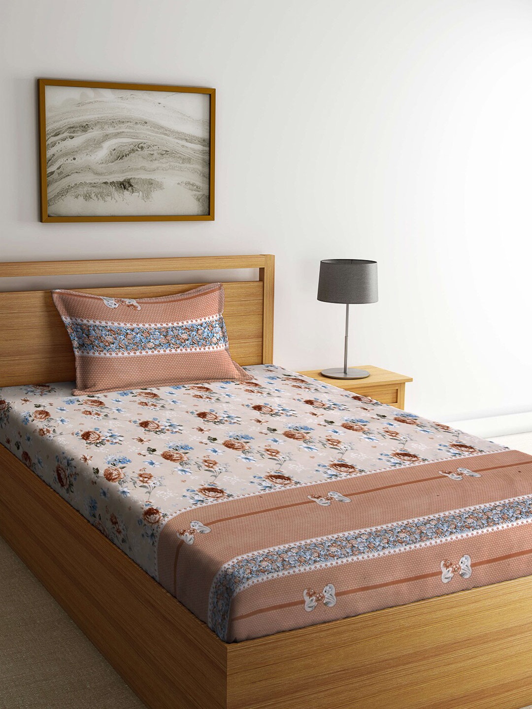 

FABINALIV Cream-Coloured & Brown Floral 300 TC Single Bedsheet With 1 Pillow Cover