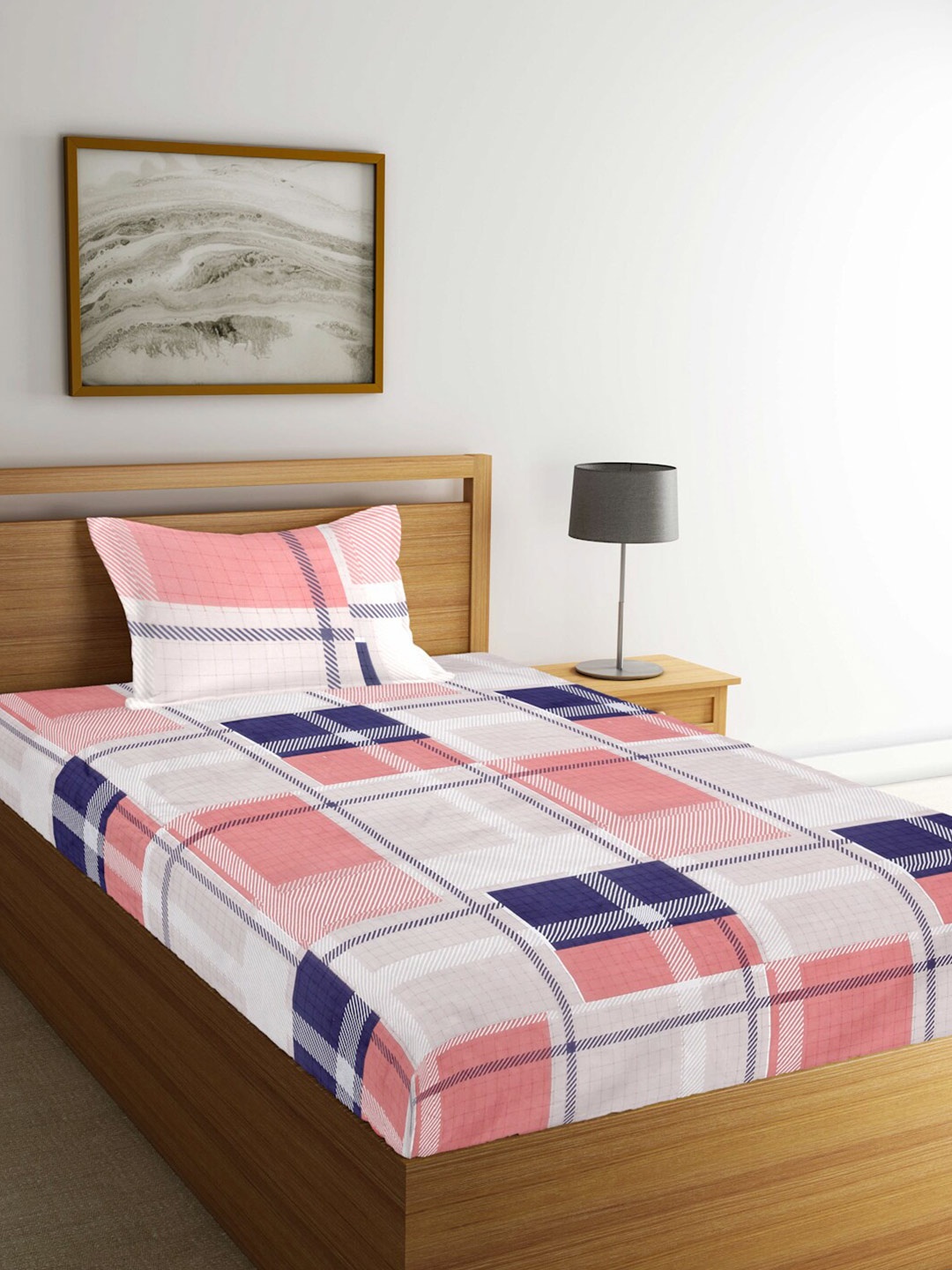 

FABINALIV White & Pink Checked 300 TC Single Bedsheet with 1 Pillow Cover