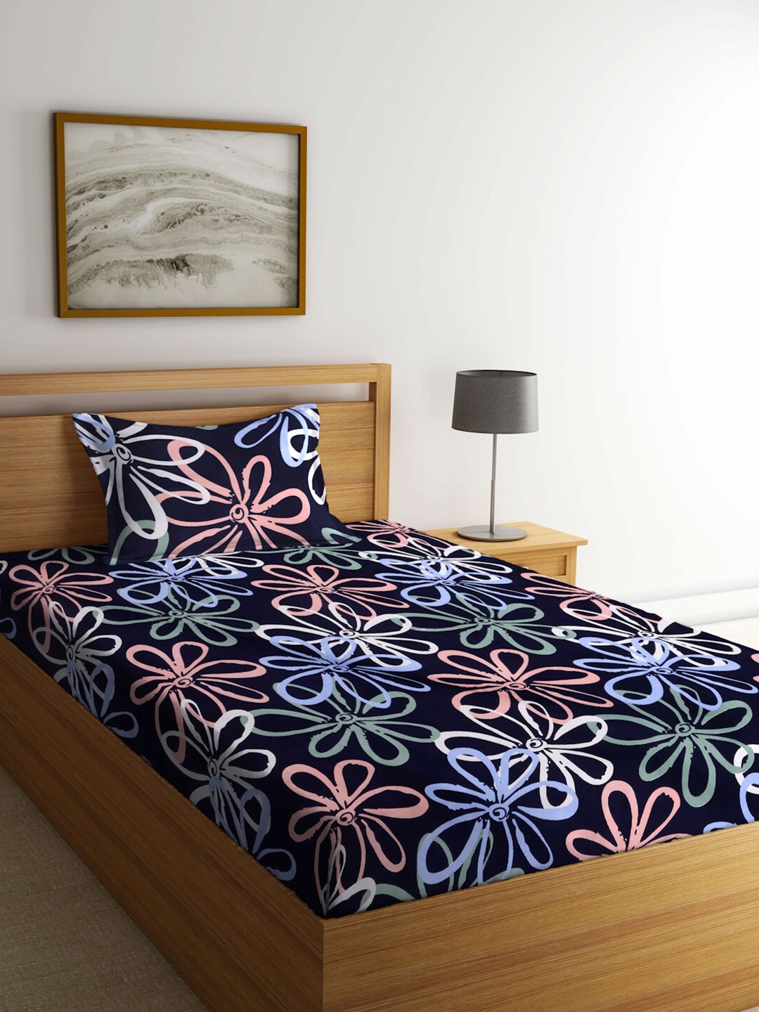 

FABINALIV Navy Blue & Pink Floral 300 TC Single Bedsheet with 1 Pillow Cover