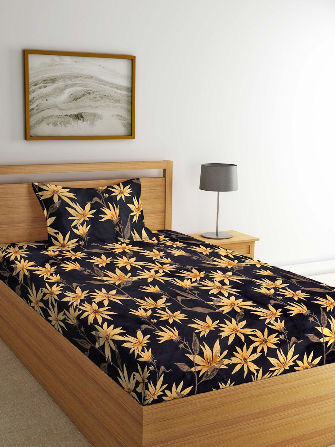 

FABINALIV Black & Yellow Floral 300 TC Single Bedsheet with 1 Pillow Cover