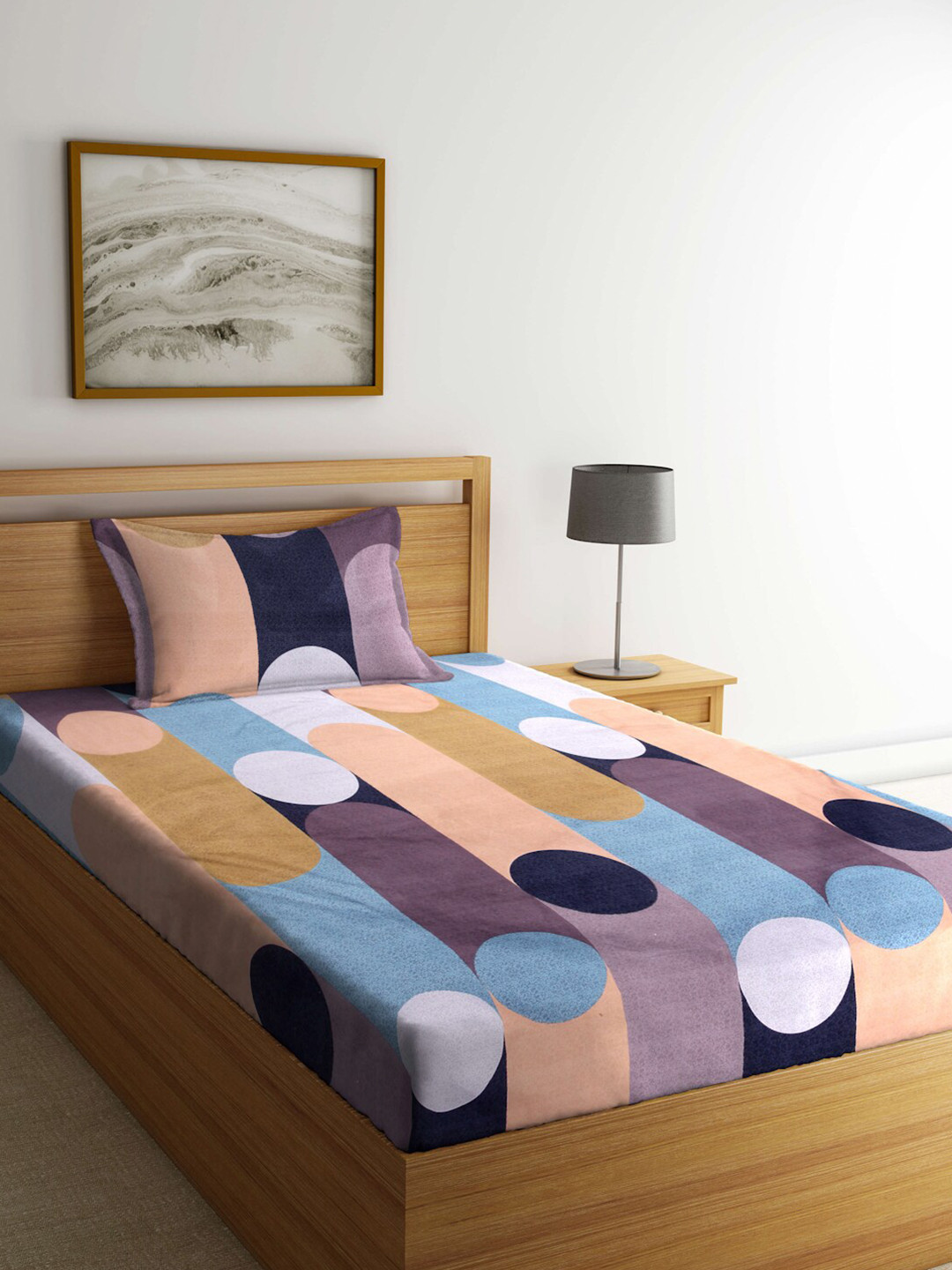 

FABINALIV White & Purple Geometric 300 TC Single Bedsheet with 1 Pillow Cover