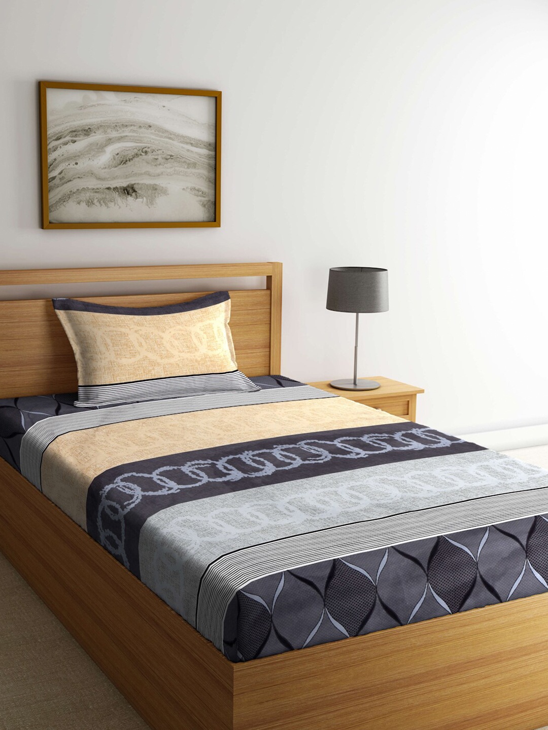 

FABINALIV Yellow & Grey Geometric 300 TC Single Bedsheet with 1 Pillow Cover
