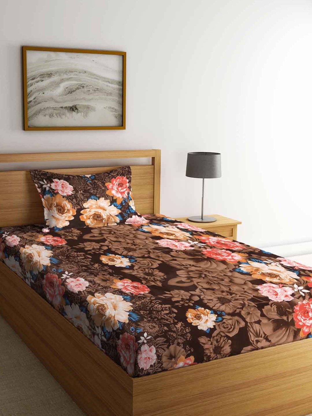 

FABINALIV Brown & Pink Floral 300 TC Single Bedsheet with 1 Pillow Cover