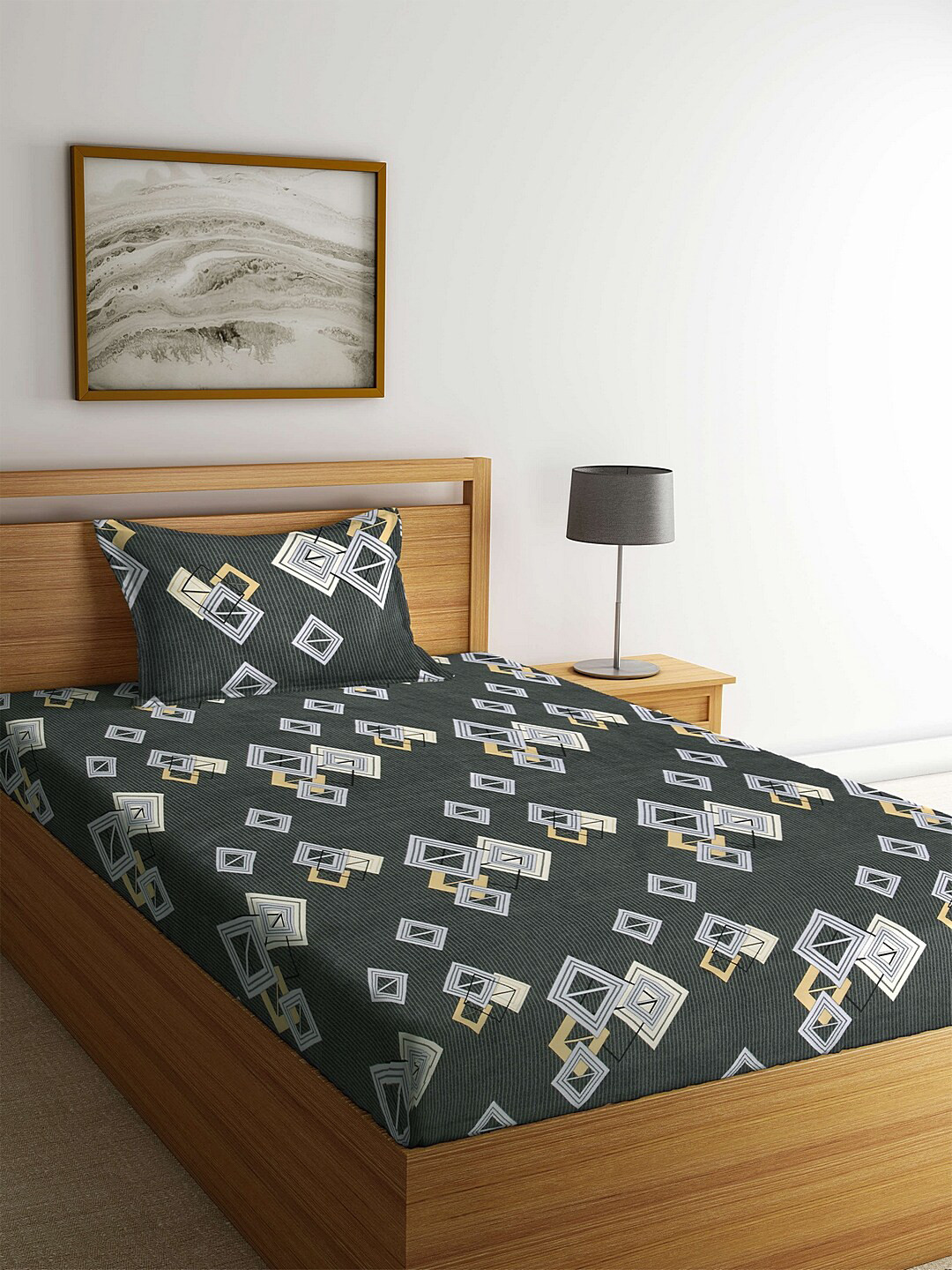 

FABINALIV Grey & Black Printed 300 TC Single Bedsheet With 1 Pillow Cover