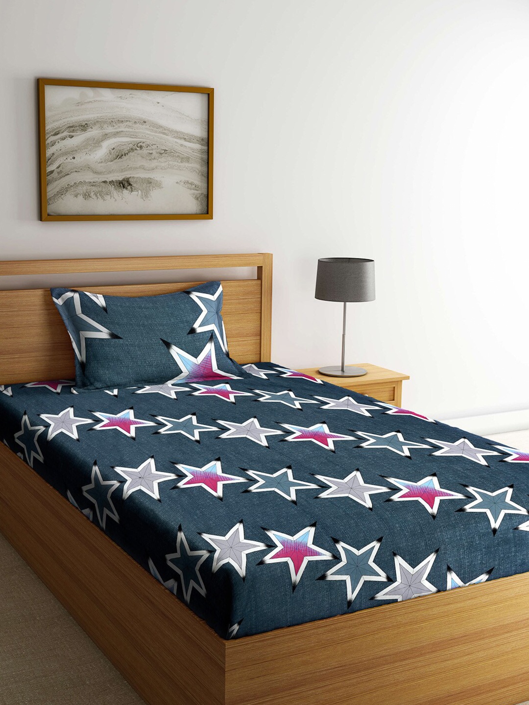 

FABINALIV Grey & White Geometric Printed 300 TC Single Bedsheet with 1 Pillow Cover