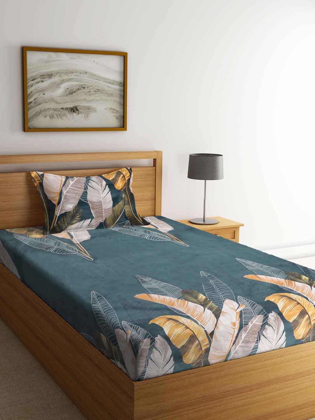 

FABINALIV Grey & Yellow Floral 300 TC Single Bedsheet with 1 Pillow Cover