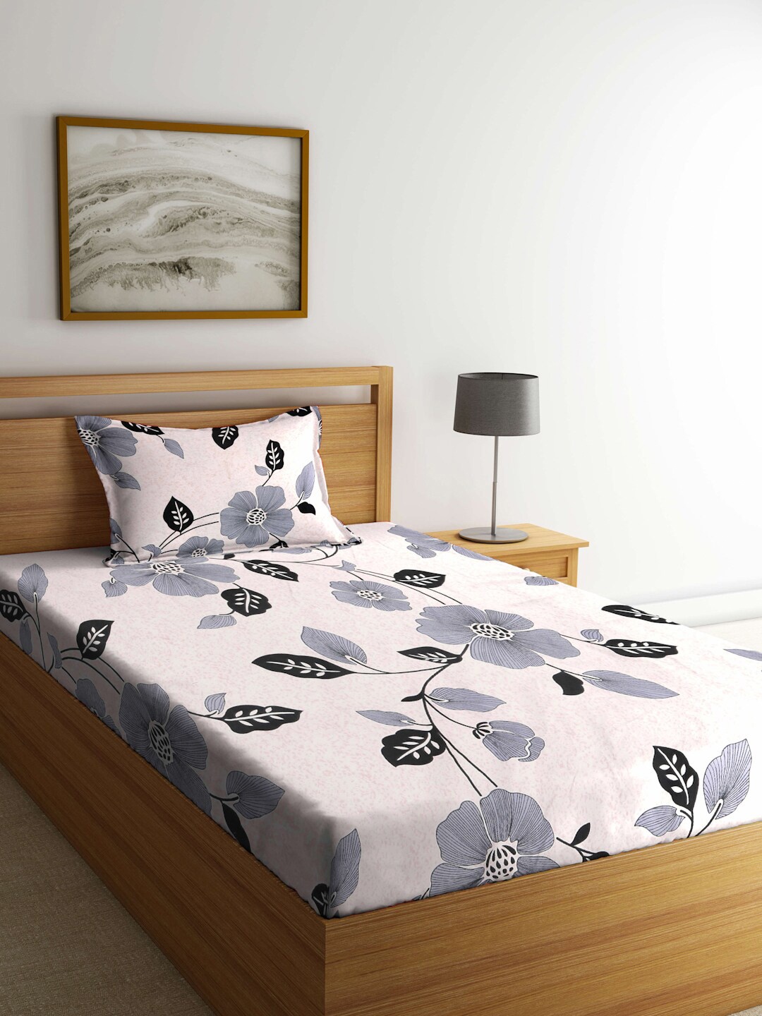 

FABINALIV Cream-Coloured & Grey Floral 300 TC Single Bedsheet with 1 Pillow Cover