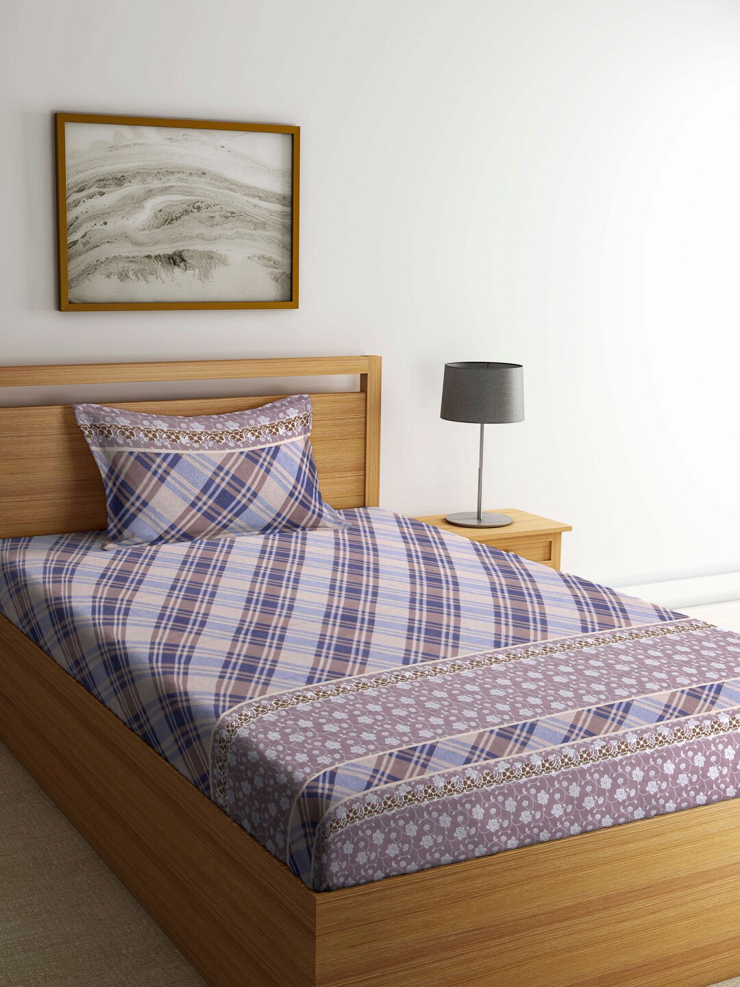 

FABINALIV Purple & Beige Printed 300 TC Single Bedsheet With 1 Pillow Cover