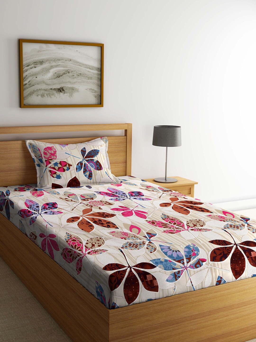 

FABINALIV Beige & Pink Floral 300 TC Single Bedsheet with 1 Pillow Cover