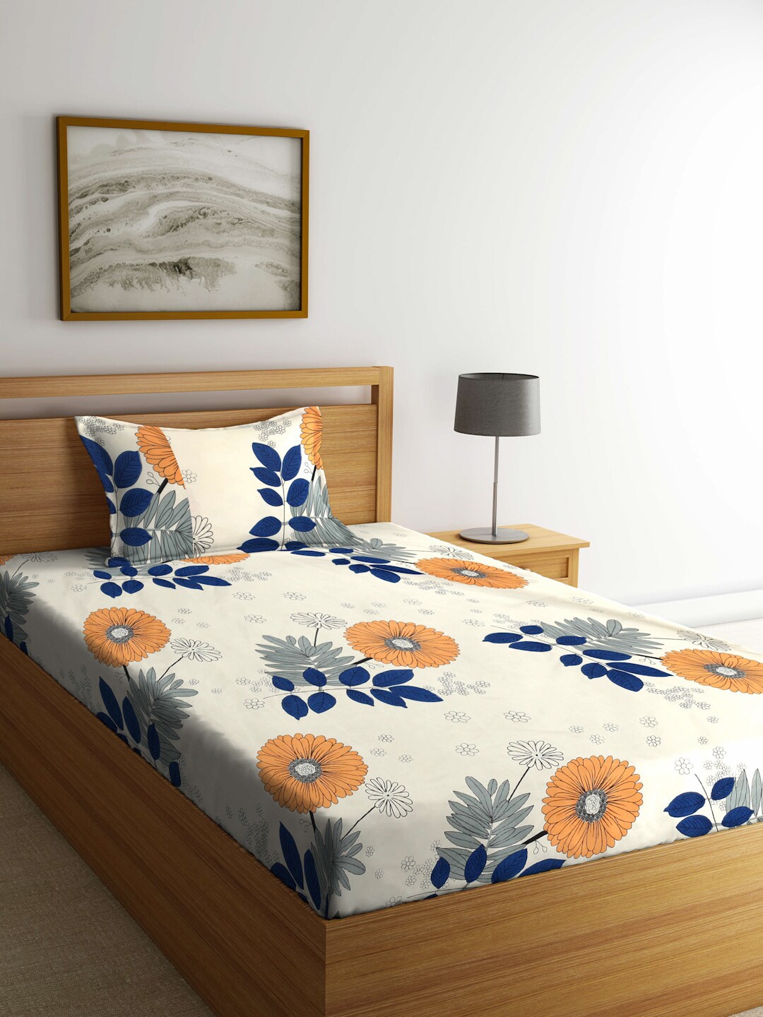 

FABINALIV Cream & Orange Floral Printed 300 TC Single Bedsheet With 1 Pillow Cover