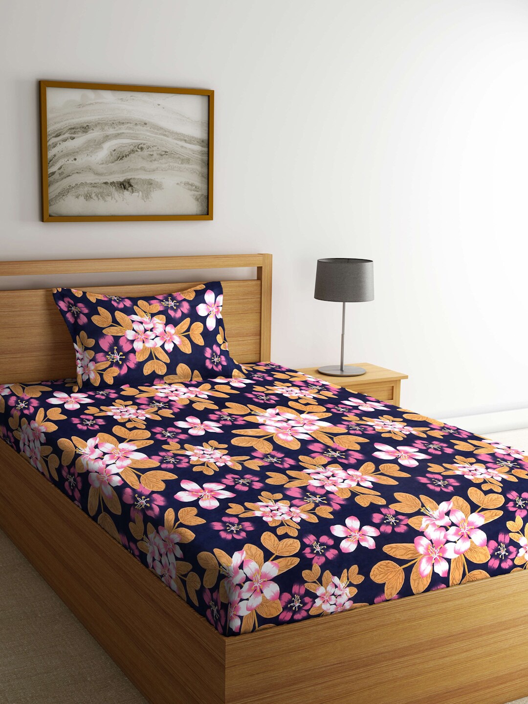 

FABINALIV Navy Blue & Pink Floral Printed 300 TC Single Bedsheet With 1 Pillow Cover