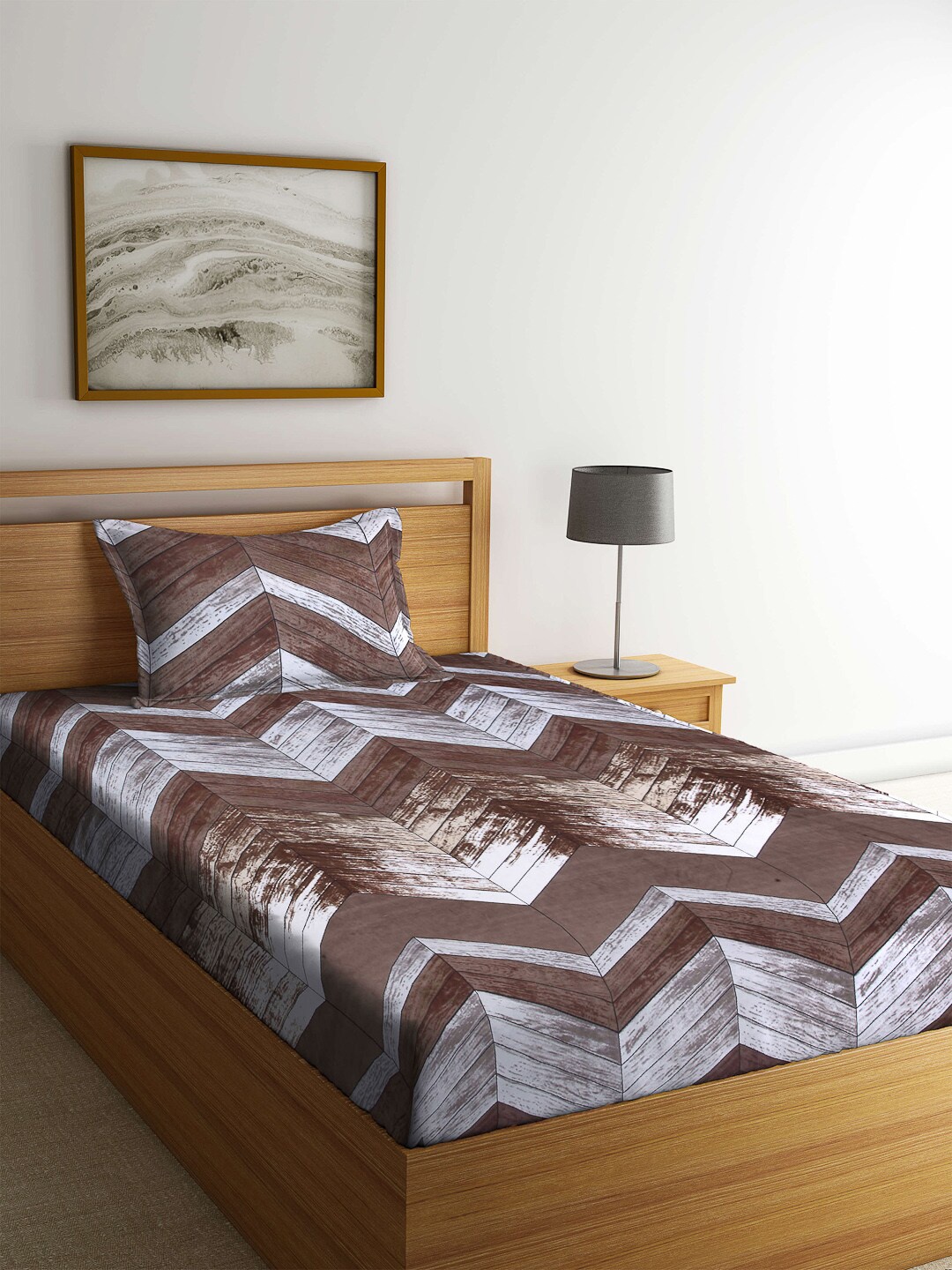 

FABINALIV Brown & White Geometric 300 TC Single Bedsheet with 1 Pillow Cover