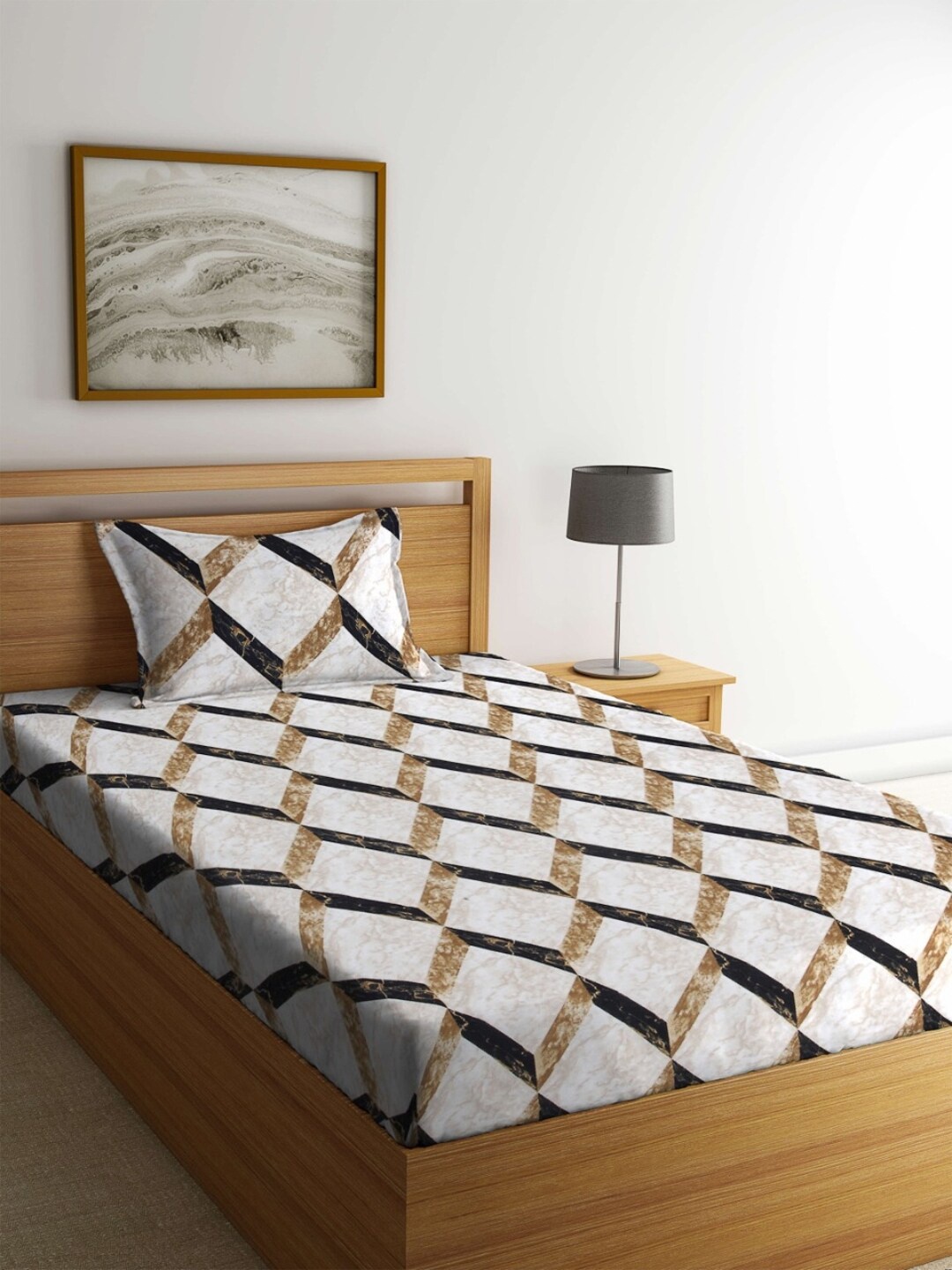 

FABINALIV White & Brown Geometric 300 TC Single Bedsheet with 1 Pillow Cover