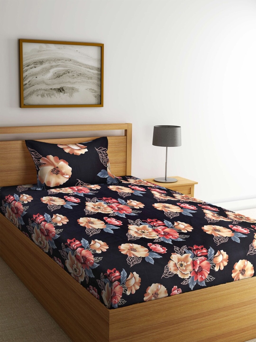 

FABINALIV Black & Brown Floral 300 TC Single Bedsheet with 1 Pillow Cover